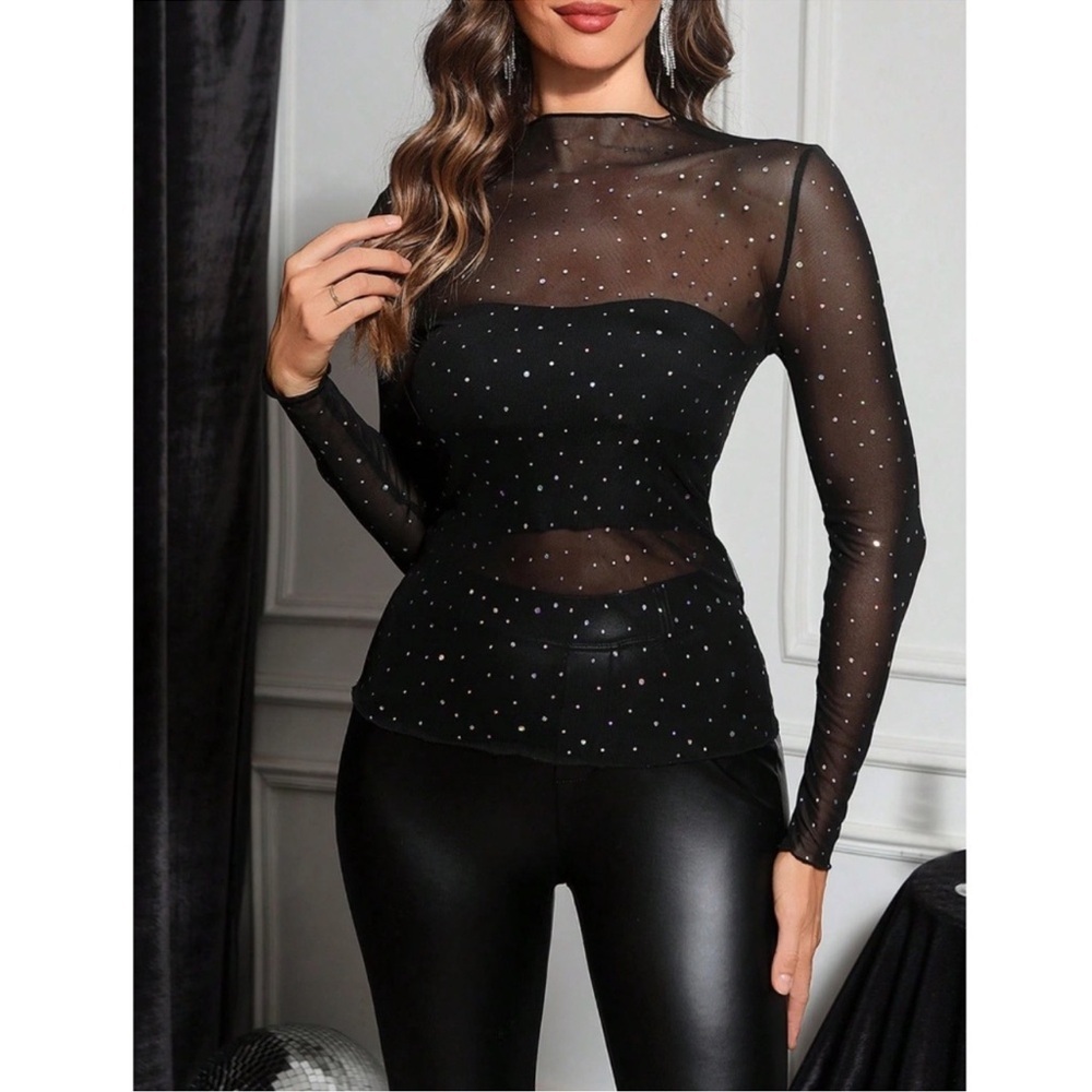 Black Sheer Mesh Top with Rhinestone Accents Sparkles - Picture 3 of 6